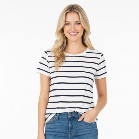 Madewell Navy Blue & White Whisper Cotton Crewneck Tee in Creston Stripe Size XS - Picture 1 of 7